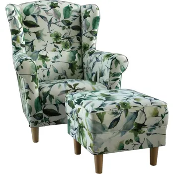 Křeslo Křeslo ušák ASTRID s taburetem, vzor zelené listí