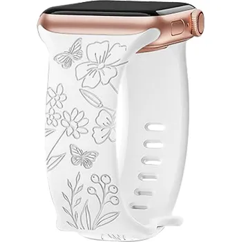 Příslušenství k chytrým hodinkám Řemínek gravírované květiny pro Apple Watch 42/44/45/46/49mm Barva: Pomněnka -bílá