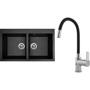 Kuchyňský dřez Set Sinks G16574 (dřez Amanda 860 DUO Metalblack 74 + baterie Flexia lesklá)