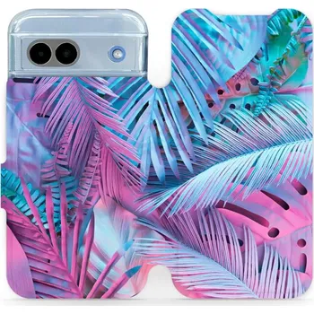 Pouzdro na mobilní telefon Flipové pouzdro Mobiwear - Google Pixel 8A - MG10S Fialové a modré listy (Knížkové flip pouzdro, obal, kryt na mobil Google Pixel 8A - MG10S Fialové a modré listy, materiál Umělá kůže + TPU - ochrana 360°, stojánek, silikonová vanička, magnetické zavírání