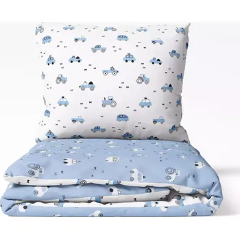 Povlečení Škodák Dětské bavlněné povlečení - modrá a bílá autíčka vende - do postýlky 90x140+40x60