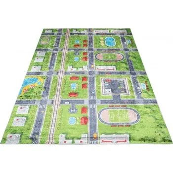 Koberec Makro Abra Dětský kusový koberec vhodný k praní BAMBINO 9033 Město Ulice Fotbalový stadión pogumovaný zelený modrý Rozměr: 80x150 cm