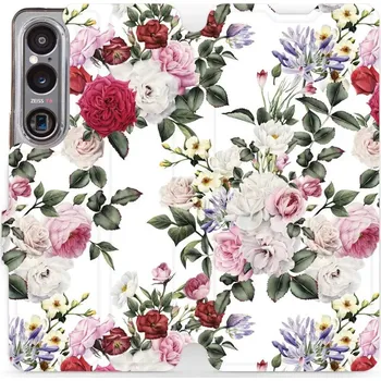 Pouzdro na mobilní telefon Flipové pouzdro Mobiwear - Sony Xperia 1 VI - MD01S Růže na bílé (Knížkové flip pouzdro, obal, kryt na mobil Sony Xperia 1 VI - MD01S Růže na bílé, materiál Umělá kůže + TPU - ochrana 360°, stojánek, silikonová vanička, magnetické zavírání)