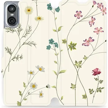 Pouzdro na mobilní telefon Flipové pouzdro Mobiwear - Sony Xperia 10 VI - MD03S Tenké rostlinky s květy (Knížkové flip pouzdro, obal, kryt na mobil Sony Xperia 10 VI - MD03S Tenké rostlinky s květy, materiál Umělá kůže + TPU - ochrana 360°, stojánek, silikonová vanička, magnetické)