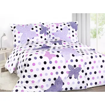 Povlečení Škodák Bavlněné povlečení - fialoví motýli s puntíky 140 x 200, 70 x 90 cm zipový uzávěr