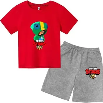Brawl Stars Dětský letní set - tričko + šedé kraťasy s motivem "Brawl Stars" Barva: Šedé kraťasy + červené tričko, Velikost: 150