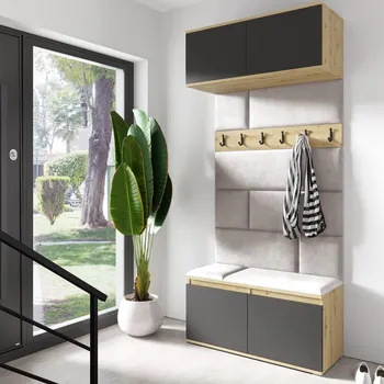 Předsíňová stěna Předsíňová stěna Emi 23 - dub Artisan/černá Barva čalounění: Krémová - Trinity 01