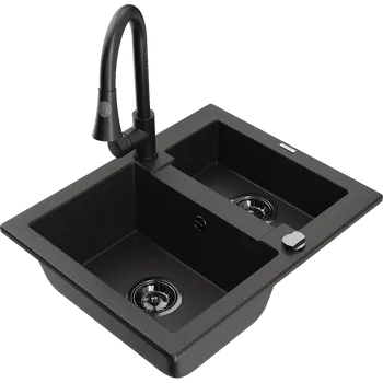 Granitový dřez Mexen Carlos granitový dřez 1,5-komorový s kuchyňskou baterií Elia, černý/zlatý metalik - 6518-75-670101-70-B Granitové dřezy s baterií