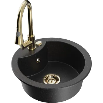 Granitový dřez Mexen Diego granitový dřez s jednou komorou a kuchyňskou baterií Elia, černý/stříbrný metalik - 6512-73-670101-50 Granitové dřezy s baterií