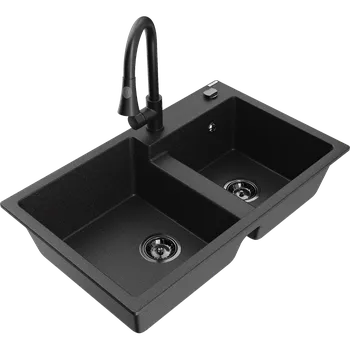 Granitový dřez Mexen Tomas granitový dřez 2-komorový s kuchyňskou baterií Elia, černý/stříbrný metalík - 6516-73-670101-70-B Granitové dřezy s baterií