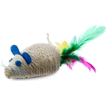 Hračka pro kočku Sisalová chrastící myš s barevnými pírky 10 cm
