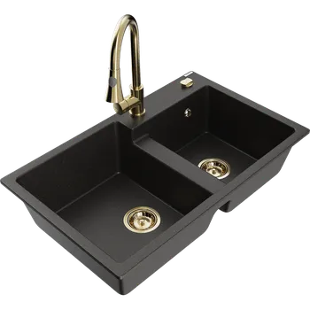 Granitový dřez Mexen Tomas žulový dřez s 2 komorami a kuchyňskou baterií Elia, černý/zlatý metalický - 6516-75-670101-50 Granitové dřezy s baterií