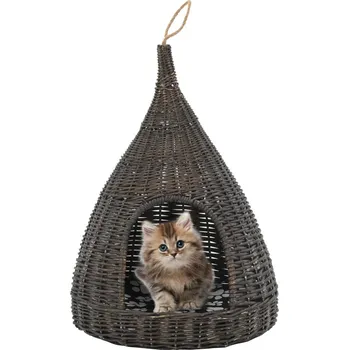 zahrada-XL Domeček pro kočky s poduškou šedý 40 x 60 cm přírodní vrba týpí 170778