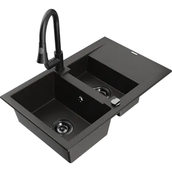 Granitový dřez Mexen Gaspar žulový dřez 1,5-komorový s odkapávačem a kuchyňskou baterií Elia, černý/zlatý metalický - 6507-75-670101-70-B Granitové dřezy s baterií