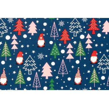 Vánoční látka z bavlny v modré barvě s potiskem skřítka a stromů 22737/008
