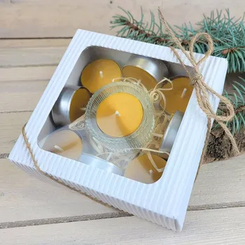 Svíčka Čajové svíčky z včelího vosku - 9 ks v dárkovém balení se svícnem
