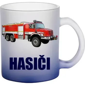 Mercedes-Benz ZETROS modrý skleněný hrneček HASIČI (hrneček s hasičským autem matné sklo )