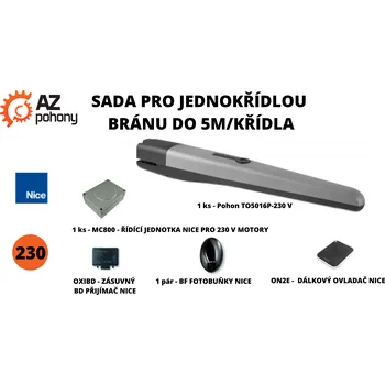 Pohon brány Sada pro jednokřídlou bránu do 5m/křídla, 1x TO5016P-230 V, 385 W, 3200 N, 1x MC800, 1x OXIBD, 1x ON2E, 1x BF, zvýšená síla pro větší zatížení