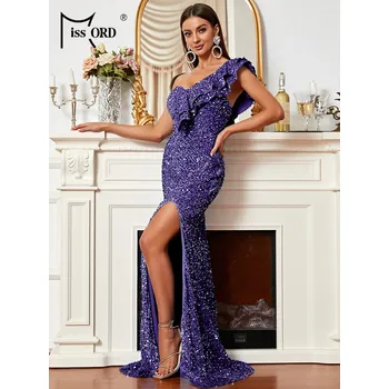 Dámské šaty Luxusní šaty na jedno rameno s flitry, volánkem a rozparkem Barva: Fialová, Velikost: L