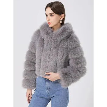 Dámský kožich Krátký kožich s kapucí a prošíváním Barva: Šedá, Velikost: 4XL