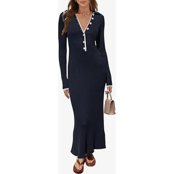 Dámské šaty Dámské svetrové šaty dlouhé s límečkem tmavě modré L