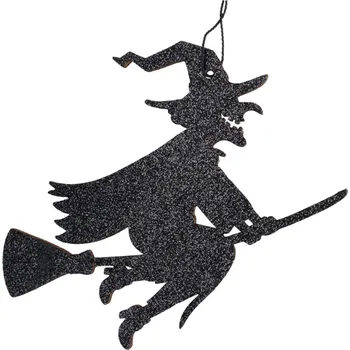 Vánoční dekorace Anděl Přerov Čarodějka dřevěná s glitrem na zavěšení, 14 x 11.5 cm