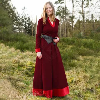 Karnevalový kostým Battle Merchant Středověké šaty Meira se sametovými detaily, vínově červené