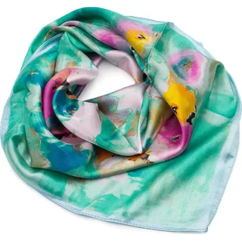 Šátek Šátek saténový - zeleno-růžový s květy