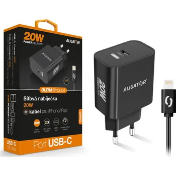 Rychlá nabíječka USB-C ALIGATOR PD 20W s kabelem USB-C/Lightning(iPhone), černá
