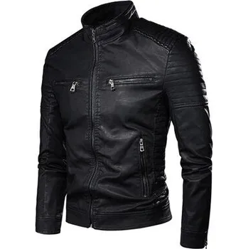 Moto bunda Kožená pánská bunda bez kapuce na zip s prošívanými rukávy Barva: Černá, Velikost: 4XL