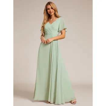 Dámské šaty Elegantní večerní asymetrické šifonové šaty s volánovým rukávem Barva: Mátová, Velikost: 7XL