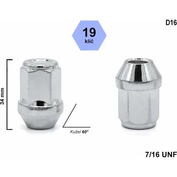 Matice na kolo Kolová matice 7/16 UNF, kužel zavřená, klíč 19mm, D16, výška 34