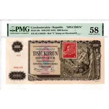 Bankovka 1000 Korun (1945) S/N 4L3 350435 SPECIMEN EPQ 58