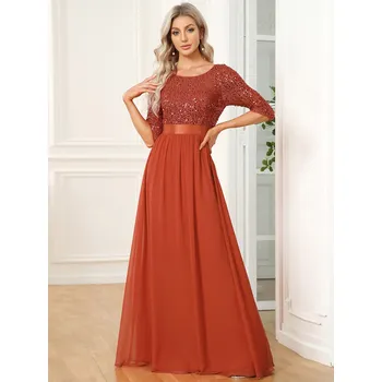 Dámské oblečení Společenské šaty s kulatým výstřihem a třpytivým topem Barva: Oranžová, Velikost: S