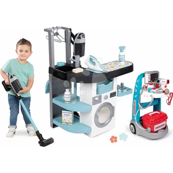 Hračka Set prádelna s pračkou s předním plněním a lékařský vozík Rowenta Wash&Clean Laundry Smoby se zvukem a světlem a elektronický vysavač