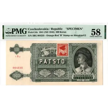 Bankovka 500 Korun 1941 S/N 5BG 064235 SPECIMEN EPQ 58