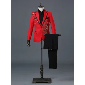 Dvoudílný oblek na svatbu s výšívkami Barva: Červená, Velikost: XL