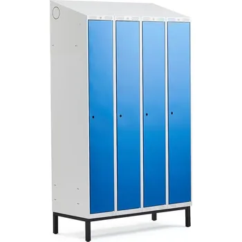 Šatní skříň Šatní skříňka CLASSIC, šikmá střecha, s nohami, 4 sekce, 2100x1200x550 mm, modré dveře