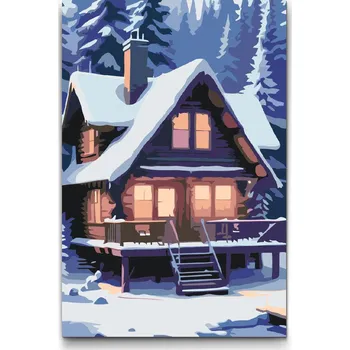 Malování podle čísel - Zasněžená chaloupka Velikost: 40x60cm, Rámování: Pouze srolované plátno