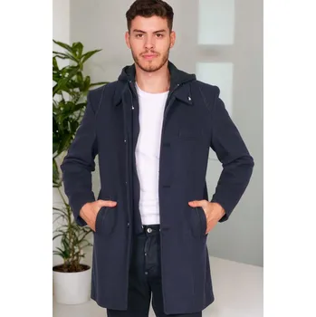 Pánský zimní kabát PLT8335 DEWBERRY PÁNSKÝ KABÁT - TMAVĚ VZOROVANÁ NÁMOŘNICKÁ MODRÁ dewberry modrá 2562270