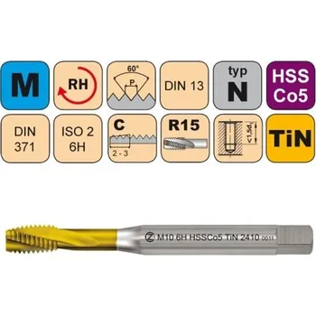 Závitořezný nástroj NÁSTROJE CZ Strojní závitník /CZZ2410/ pro metrický závit se šroubovitou drážkou CZZ Závit: M8