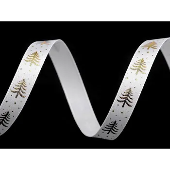 Saténová stuha stromeček šíře 10 mm vánoční, barva 2 bílá zlatá