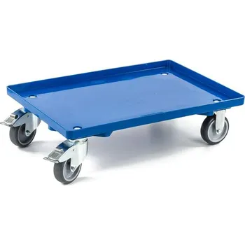 Plošinový vozík Podvozek pod EURO přepravky 600 x 400 mm, plný, 4 otočná kola z šedé gumy (2 s brzdou), barva modrá