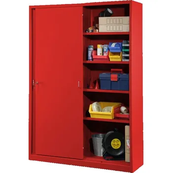 Kovová skříň s posuvnými dveřmi, v x š x h: 1990 x 1400 x 435 mm, barva červená RAL3020 / červená RAL3020