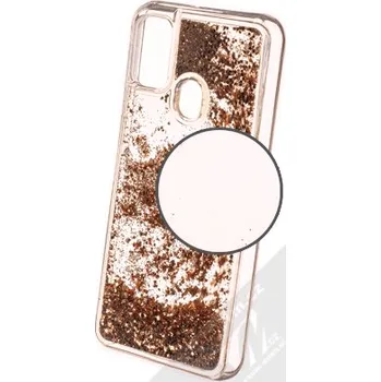 Pouzdro na mobilní telefon 1Mcz Liquid Hexagon Sparkle ochranný kryt s přesýpacím efektem třpytek pro Samsung Galaxy M21 zlatá (gold)