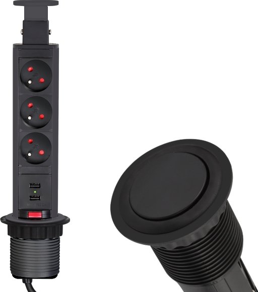 Výsuvná zásuvková lišta s USB černá s kabelem 2,0m - zásuvková lišta 3x230V+2xUSB