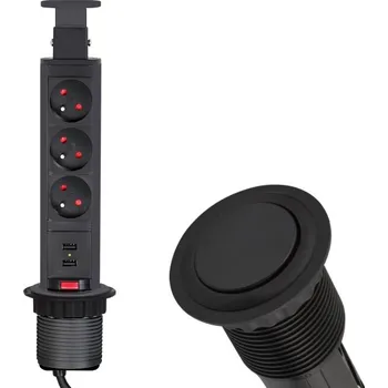 Elektrická zásuvka Výsuvná zásuvková lišta s USB černá s kabelem 2,0m - zásuvková lišta 3x230V+2xUSB