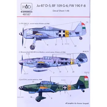 Plastikový model HAD models 1/48 Decal Bf 109G-6,Ju-87 D-5, Fw-190 F-8