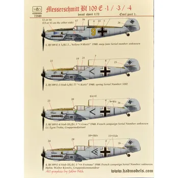 Plastikový model HAD models 1/72 Decal Bf 109E1/E3/E4 (4x camo) Part 1