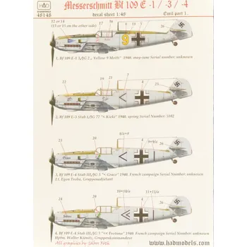Plastikový model HAD models 1/48 Decal Bf 109E1/E3/E4 (4x camo) Part 1